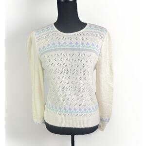 Pandora Sweater Sz L Cream Long Puff Sleeve Floral Lightweight Winter 80s VTG